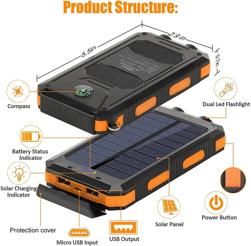 Batterie externe solaire 80000 mAh – power bank étanche, lampe LED, USB