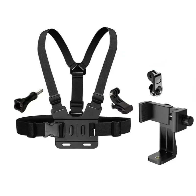 Support téléphone sangle de poitrine – fixation caméra sport, réglable, noir