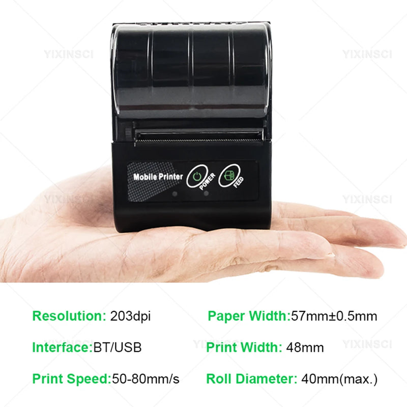 Mini-imprimante thermique portable Bluetooth 58 mm – reçus, sans encre, batterie 10h