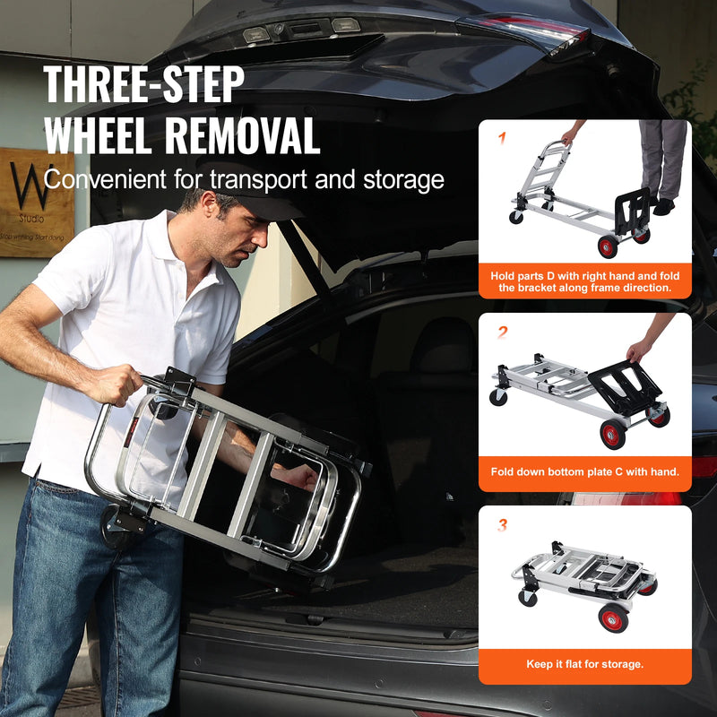 Chariot à main pliant 2-en-1 SucceBuy – 400 lbs, aluminium, 4 roues pivotantes