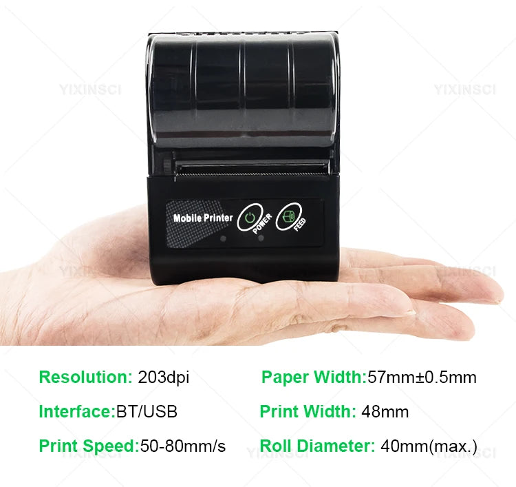 Mini-imprimante thermique portable Bluetooth 58 mm – reçus, sans encre, batterie 10h
