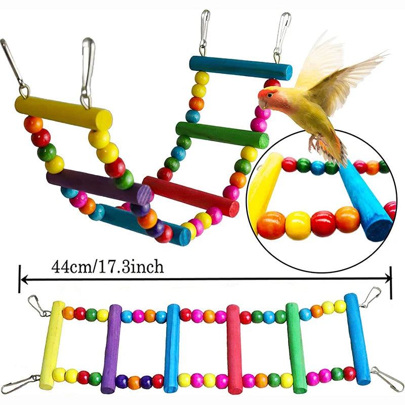Lot de 7 jouets pour perroquet en bois – balançoire, échelle, cloches, cage