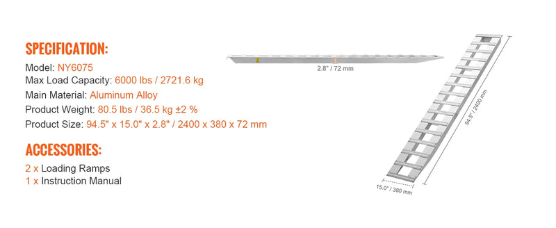 Rampes de chargement aluminium SucceBuy – 880/6000/10000 lbs, antidérapantes, lot de 2