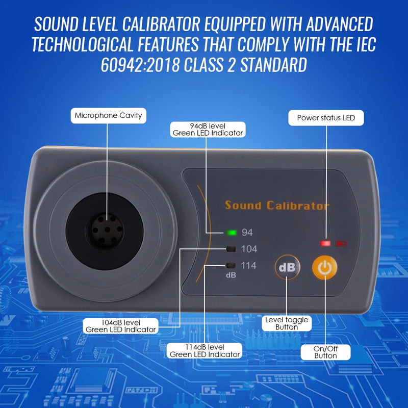 Calibrateur sonomètre 94/104/114 dB – étalonnage micro 1/2 pouce, compact
