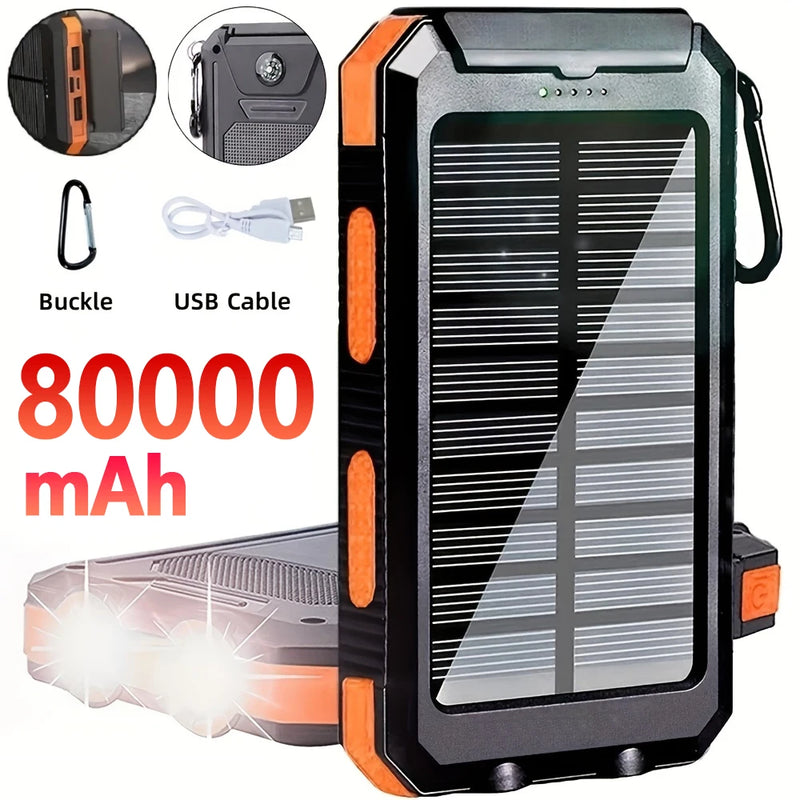 Batterie externe solaire 80000 mAh – power bank étanche, lampe LED, USB