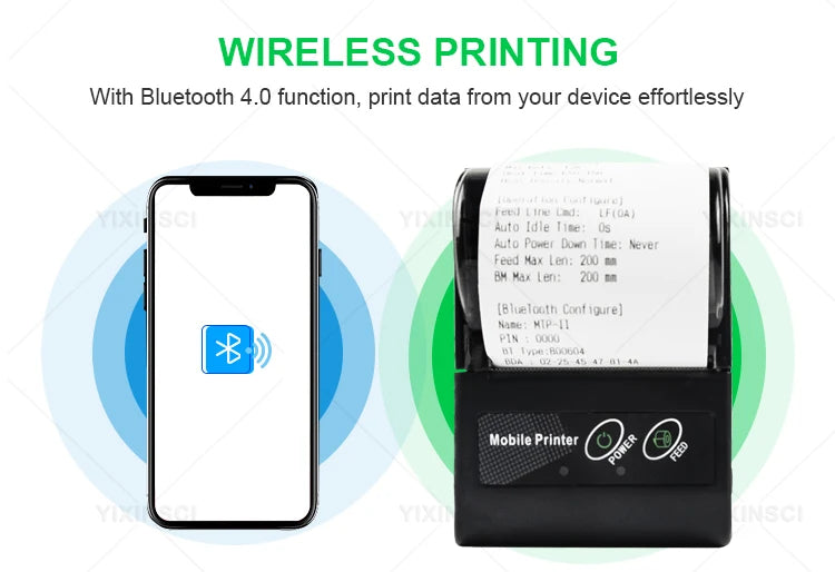 Mini-imprimante thermique portable Bluetooth 58 mm – reçus, sans encre, batterie 10h