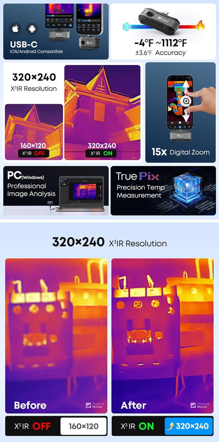 Caméra thermique Thermal Master P1 – iPhone & Android, 320x240, 600°C