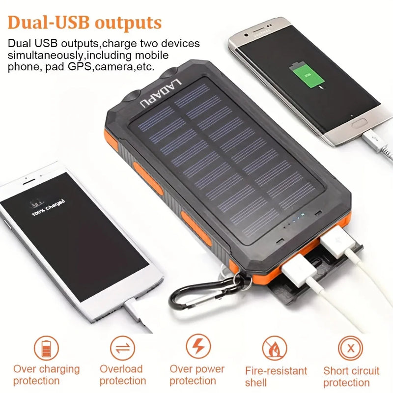 Batterie externe solaire 80000 mAh – power bank étanche, lampe LED, USB