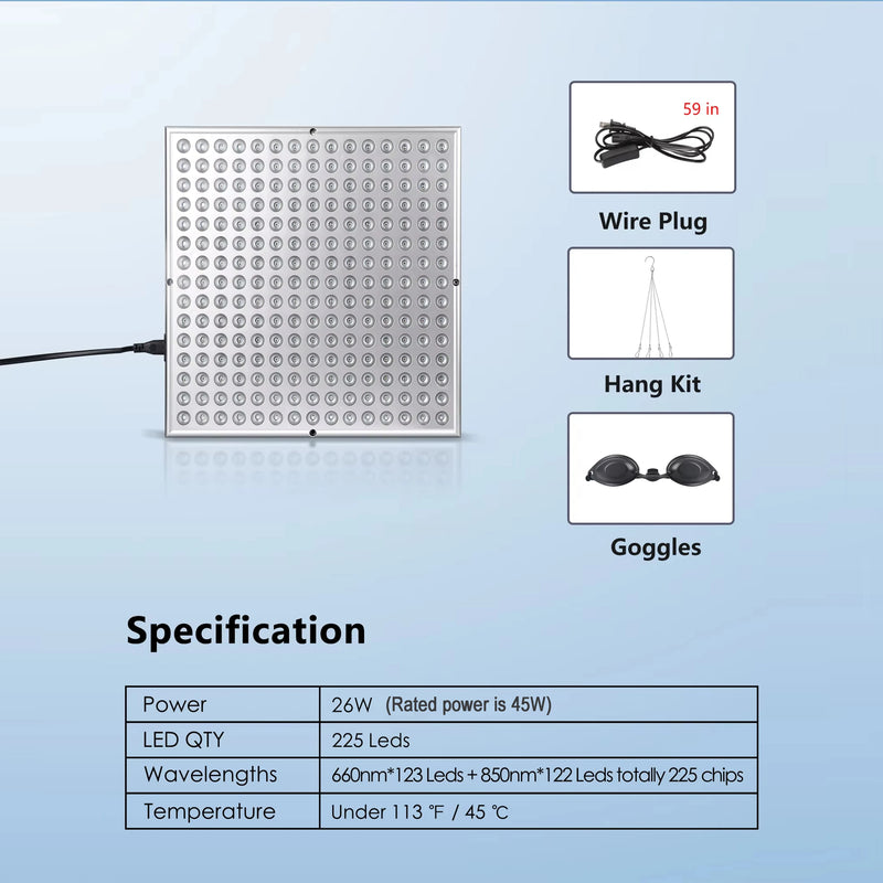 Panneau LED luminothérapie 225 diodes – lumière rouge 660nm & 850nm, visage