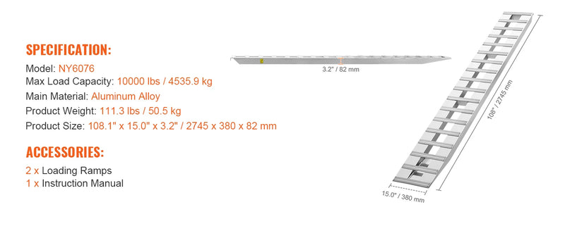 Rampes de chargement aluminium SucceBuy – 880/6000/10000 lbs, antidérapantes, lot de 2