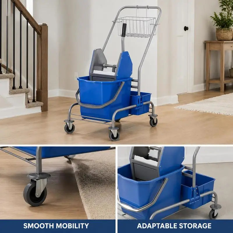 Chariot de nettoyage professionnel 25 L – 4 roues, extracteur, panier de rangement