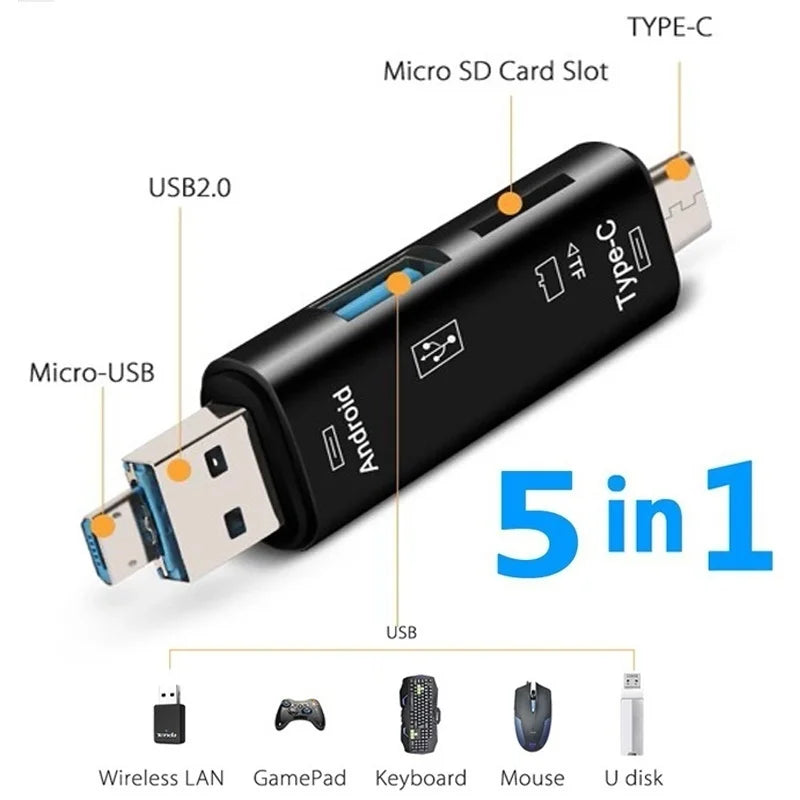 Lecteur carte mémoire 5 en 1 – USB, Type-C, Micro-USB, SD, TF, OTG