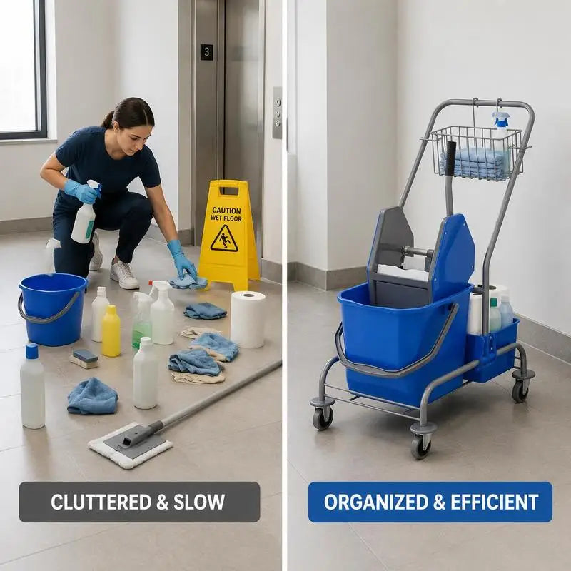 Chariot de nettoyage professionnel 25 L – 4 roues, extracteur, panier de rangement