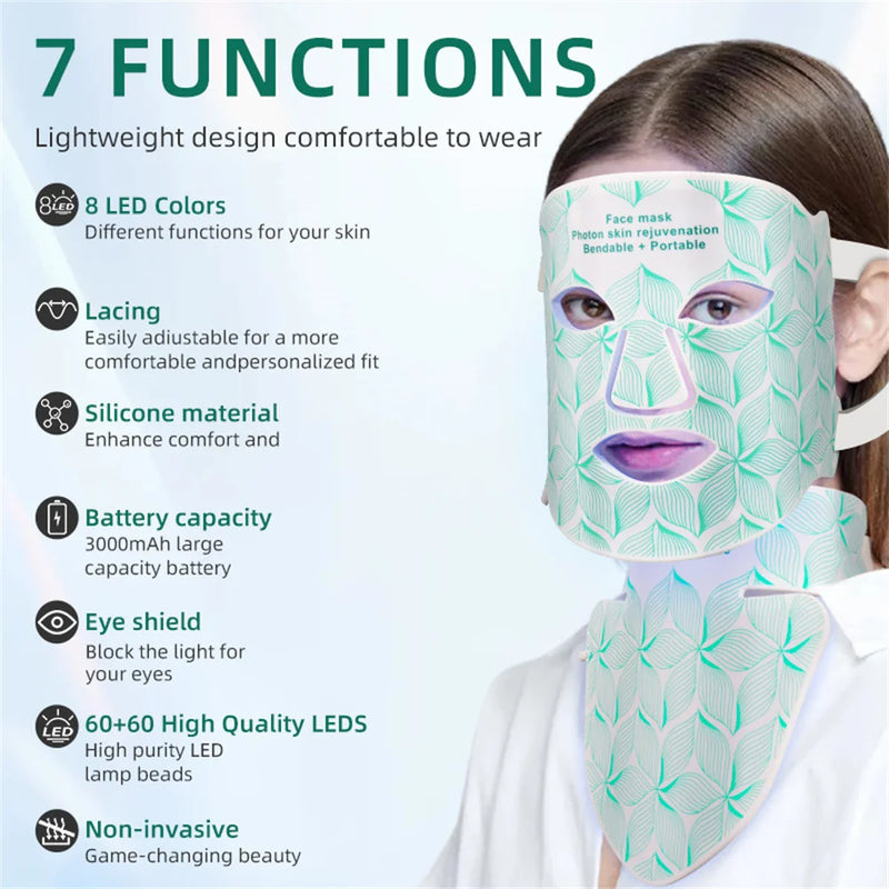 Masque LED visage & cou 8 couleurs – luminothérapie anti-âge, acné, rides