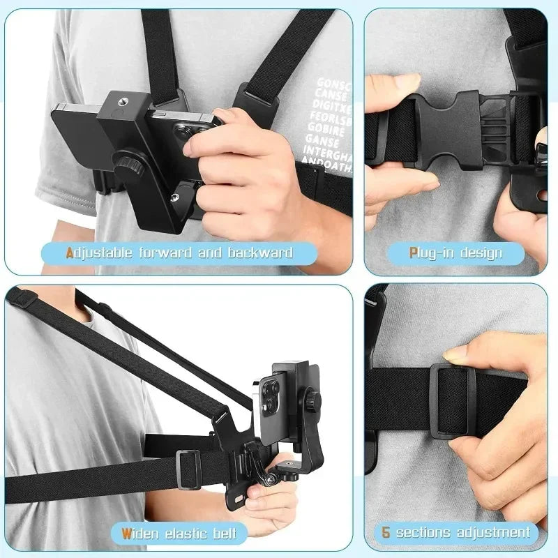Support téléphone sangle de poitrine – fixation caméra sport, réglable, noir