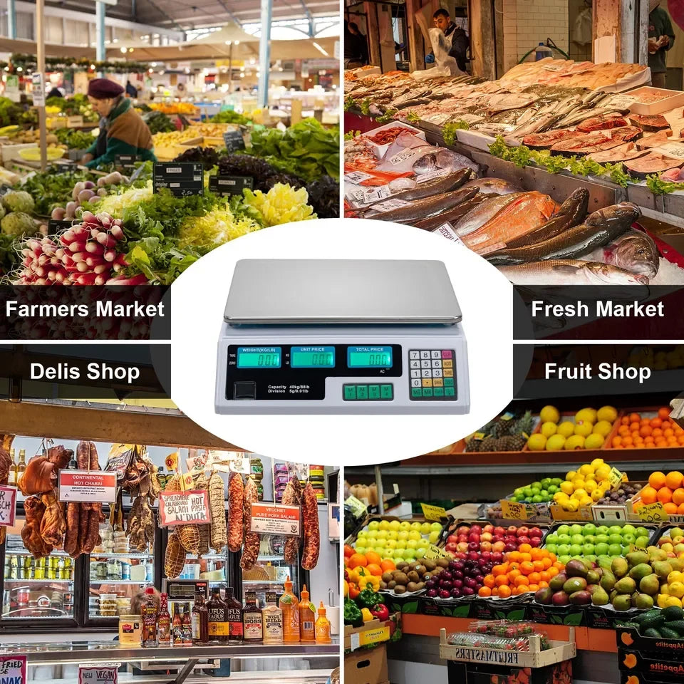 Balance commerciale numérique 40 kg – triple affichage, tare, calcul de prix