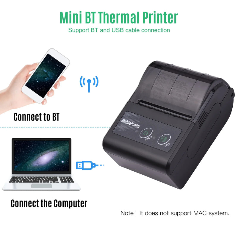 Mini-imprimante thermique portable Bluetooth 58 mm – reçus, sans encre, batterie 10h