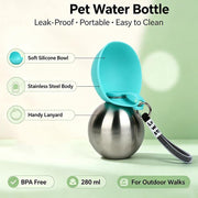 Gourde 2-en-1 pour chien 280 ml – bouteille d'eau nomade avec gamelle intégrée, acier inoxydable, anti-fuite