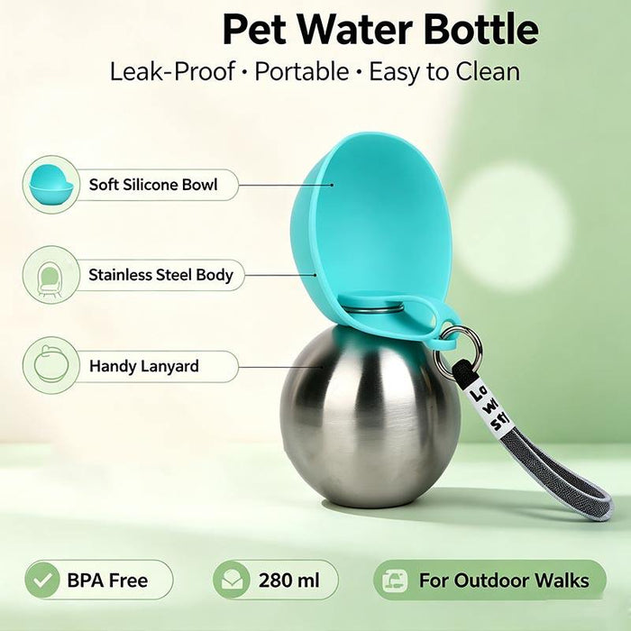 Gourde 2-en-1 pour chien 280 ml – bouteille d'eau nomade avec gamelle intégrée, acier inoxydable, anti-fuite