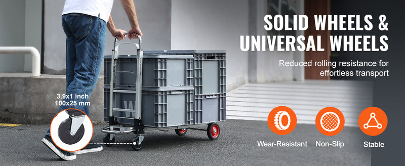 Chariot à main pliant 2-en-1 SucceBuy – 400 lbs, aluminium, 4 roues pivotantes