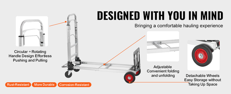 Chariot à main pliant 2-en-1 SucceBuy – 400 lbs, aluminium, 4 roues pivotantes